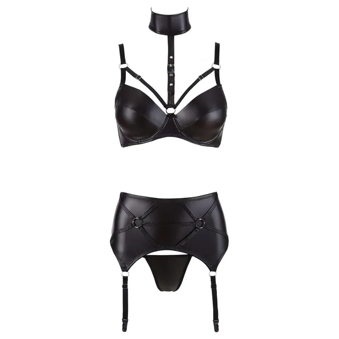 Anal | Cottelli Collection Lingerie Set di 3 pezzi Nero Wetlook - 75C/S