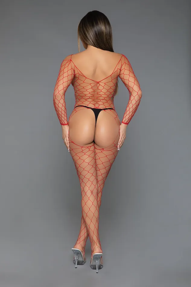 Be Wicked - Cannot Hide - Grote Gaten Visnet Bodystocking - Rood - One Size | Be Wicked Bodystockings & Playsuits