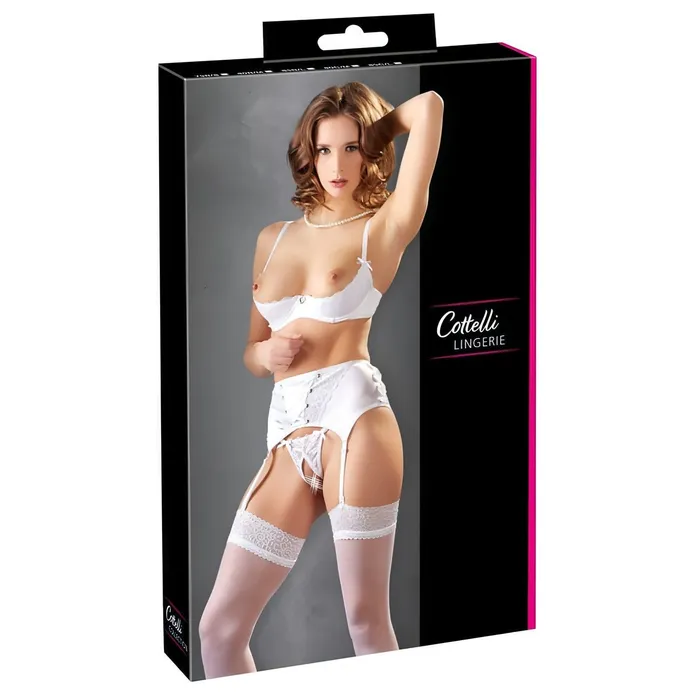 Completino Sexy Bianco 3 pezzi: Reggiseno A Balconcino, Reggicalze con Lacci Centrali/Laterali e Perizoma Con Apertura Inguinale | Cottelli Collection Lingerie Vibrators