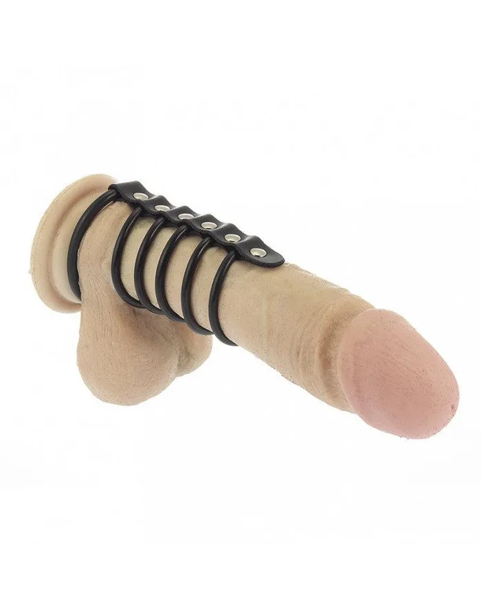 Dildos Rimba Rimba Balzak En 5 Penisringen Van rubber Met Leren bandje Diameter 50 en 40 mm