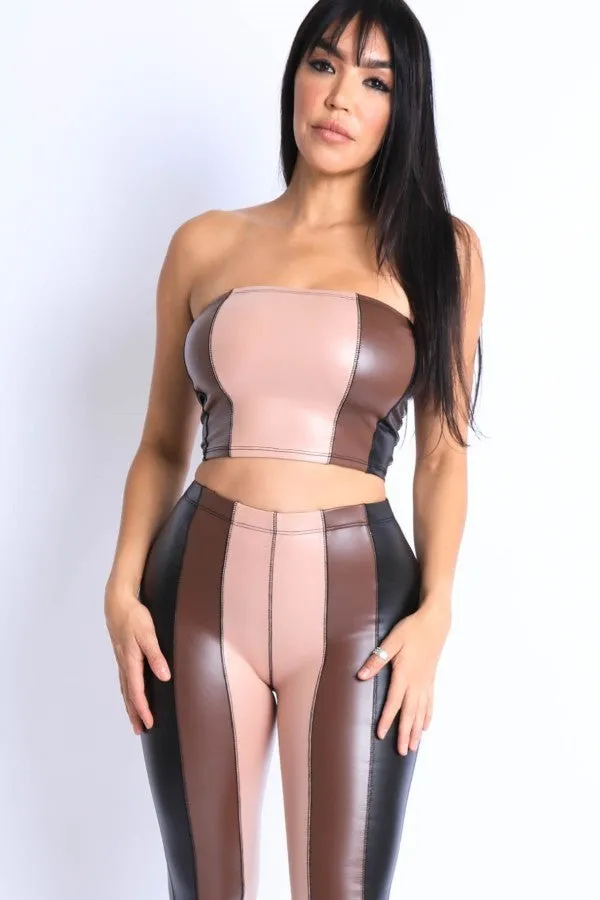 Faux Leather Color Block Tube Top and Flared Pants Set | Intimate Play Male Sex Toys