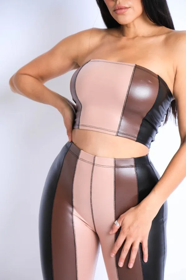 Faux Leather Color Block Tube Top and Flared Pants Set | Intimate Play Male Sex Toys