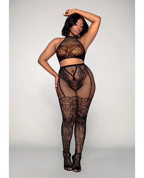 Halter Fishnet Bralette Pantyhose Bodystocking Black QN Black Diamond Bodystockings Playsuits