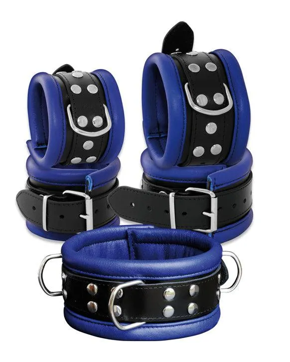 Kiotos Leather - Leren handboeien 6.5 cm Breed Gevoerd - Zwart/Blauw | Kiotos Restraints