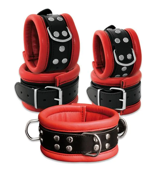 Kiotos Restraints | Kiotos Leather - Leren Enkelboeien 6.5 cm Breed Gevoerd - Rood/Zwart