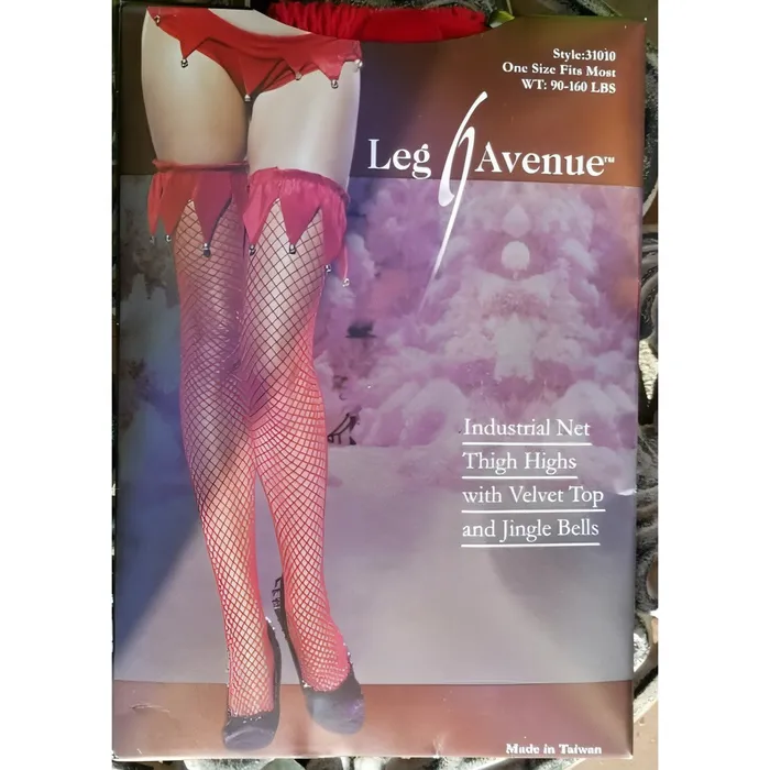 Leg Avenue Female Sex Toys | Calze a rete rosse con balza in velluto e jingle bells