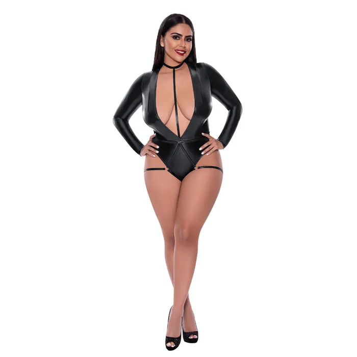 Magic Silk Liquid Onyx Long Sleeve Teddy with Harness Caging | Female Sex Toys