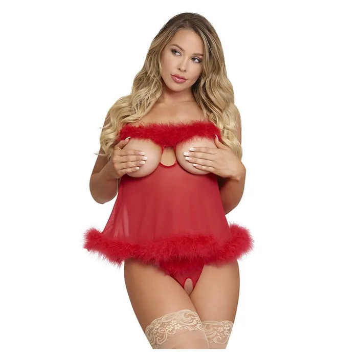 Male Sex Toys Magic Silk Marabou Cupless And Crotchless Baby Doll Set