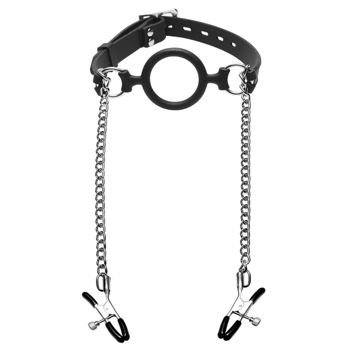 Mutiny Silicone O-Ring Gag With Nipple Clamps | XR Brand Male Sex Toys