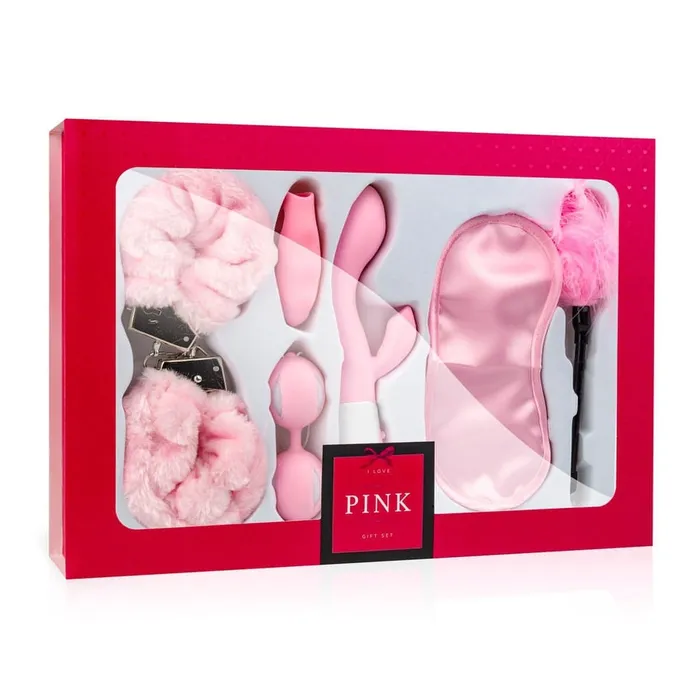 Pink Gift Set Box regalo composto da Vibratore Rabbit Palline di Kegel Finger Sleeve Manette Benda Setata e Feather Tickle LoveBoxxx Female Sex Toys