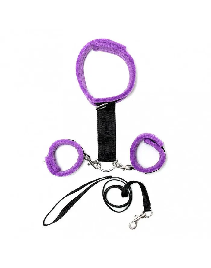 Rimba - Soft Bondage Collar Met handboeien En leiband - Zwart/Paars | Rimba Bondage Play Couples