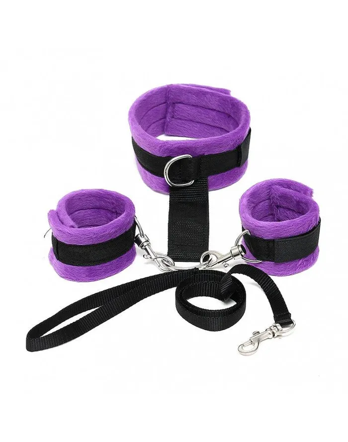 Rimba - Soft Bondage Collar Met handboeien En leiband - Zwart/Paars | Rimba Bondage Play Couples