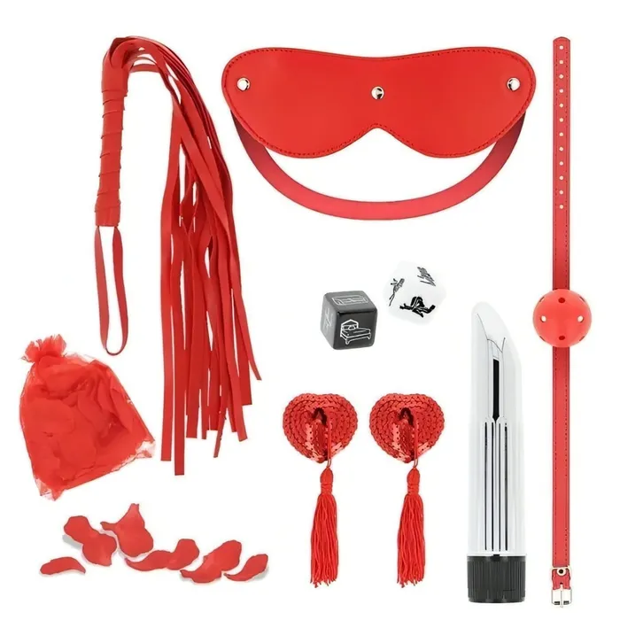 This is Pleasure Kit Vibratore Multispeed Copricapezzoli Burlesque BallGag Forata Frustino Benda Set da 2 Dadi e Petali Ohmama Female Sex Toys