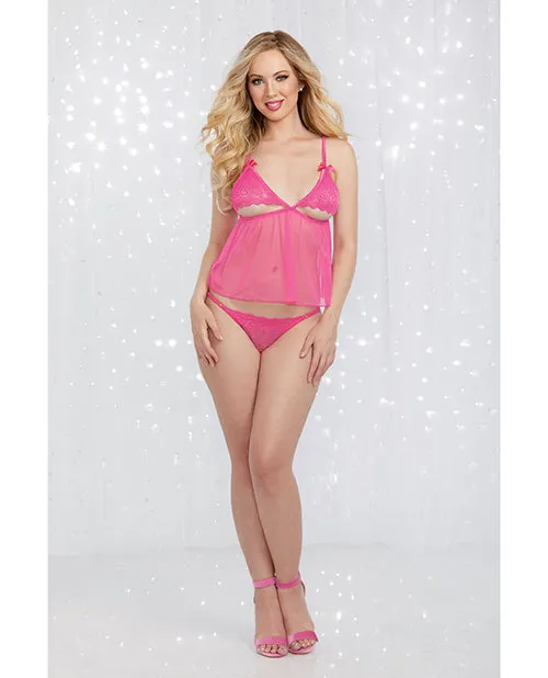 Vibrators Red Diamond Valentines Stretch Lace Mesh Retro Babydoll wStrappy Back Panty Fuchsia OS