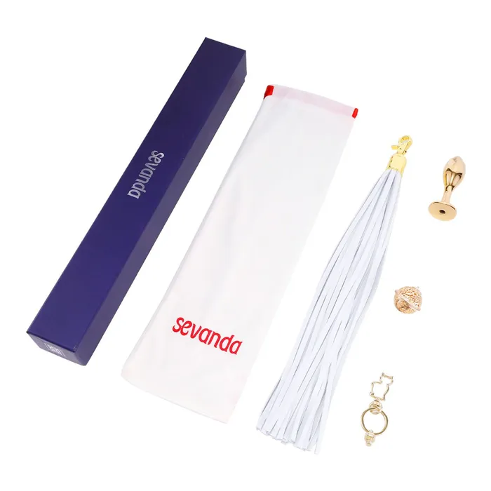 Vibrators | Sevanda Sevanda - Flogger met Sleutelhanger, Bedel en Tulpvormige Buttplug - Wit/Goud