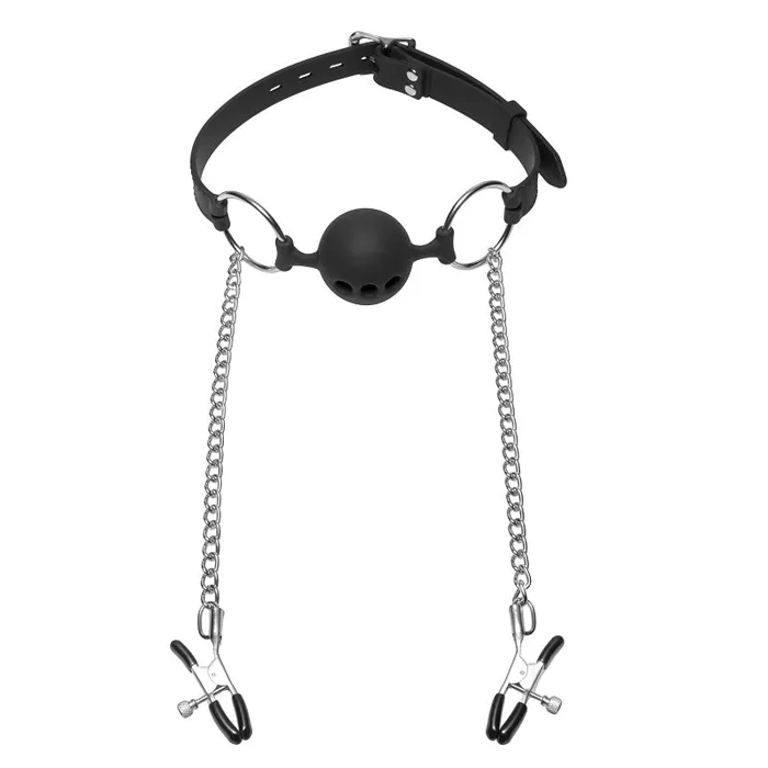 XR Brand Male Sex Toys | Hinder Breathable Silicone Ball Gag With Nipple Clamps